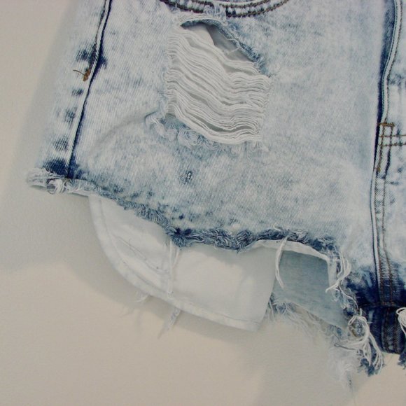 Acid Wash Light Wash Denim Jean Shorts Distressed High Waist Raw Frayed Medium - Picture 6 of 13